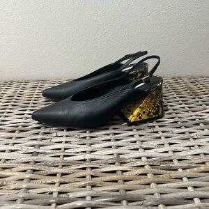 Yuul Yie size 36, size 6 Black and Yellow Slingback Heels, unique, stylish, EUC